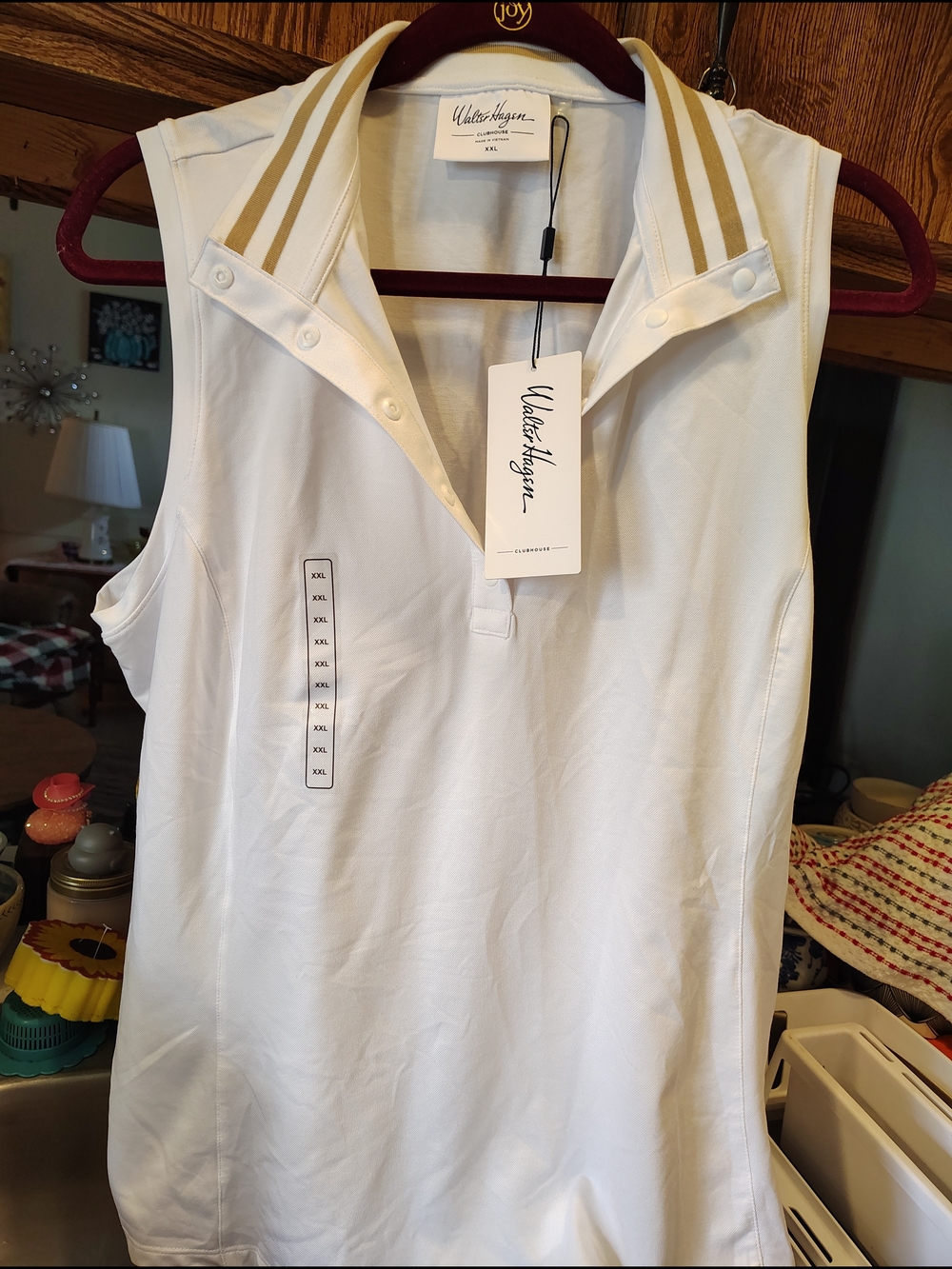 Walter Hagen White Sleeveless Polo Tank with Gold Stripe Collar